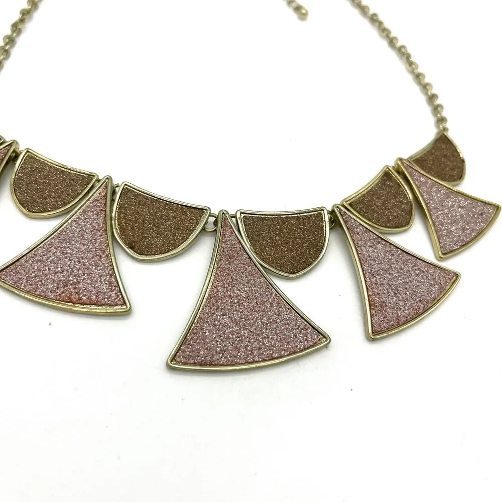 Statement Geometric Fan Necklace Gold Pink Brown Glitter Art Deco Style  Jewelry